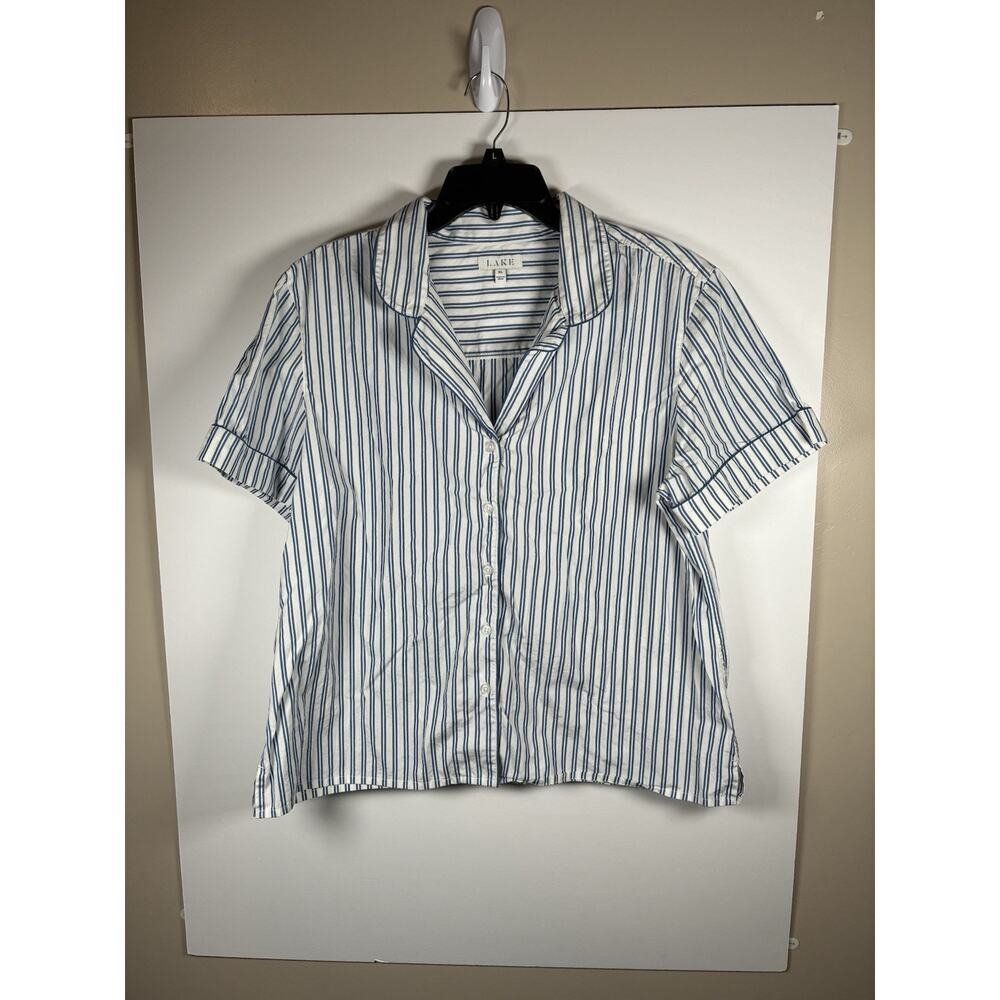 Lake XL Cotton Blue Stripe Button Front Camp Collar Pajama Top Short Sleeve